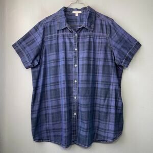 Woman Within Denim Shirt Plus Size 2X 26/28 Plaid Blue Purple Casual Country